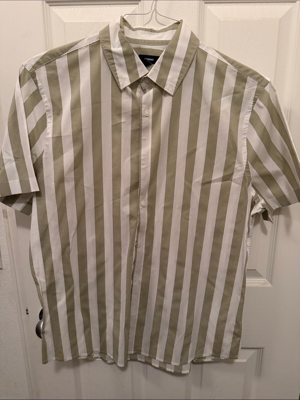 Express Men's Olive and White Vertical Stripe Button-Down Shirt